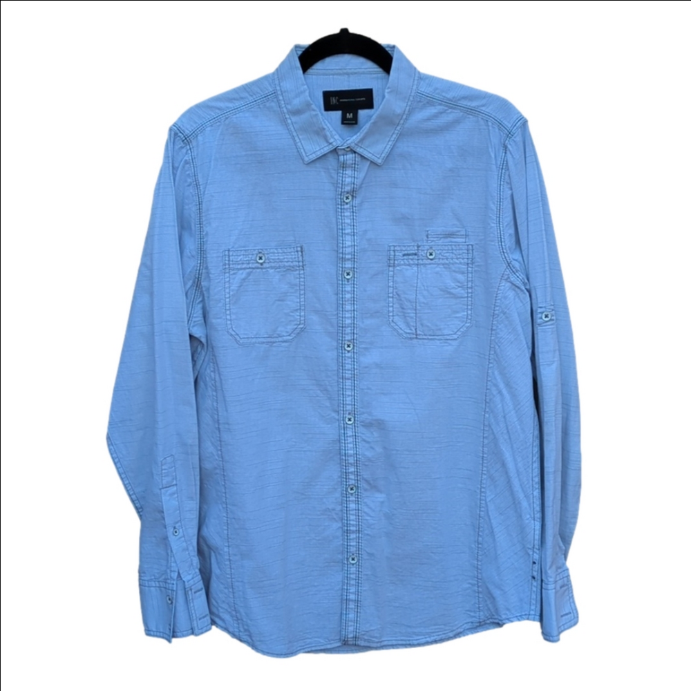 INC light blue long-sleeve cotton button-up shirt featuring dual chest pockets
